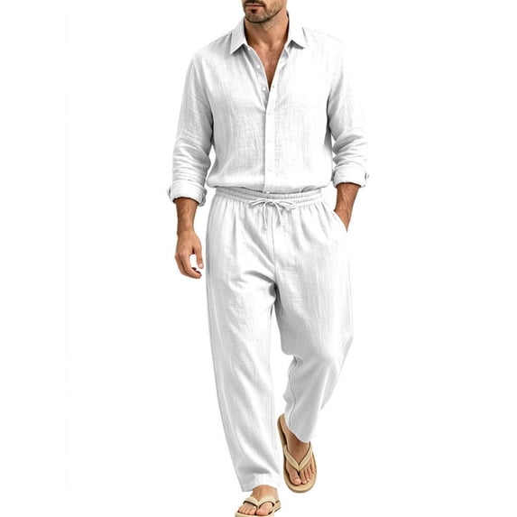 Delconic Mens Two Piece Outfit Long Sleeve Button Front Shirt and Drawstring Straight Leg Pants Casual Vacation Set White 3XL