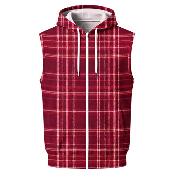 Delconic Mens Vintage American Style Hooded Sleeveless Zip Vest Casual Sports Plaid Print Fleece Lined Lightweight Outerwear Red L