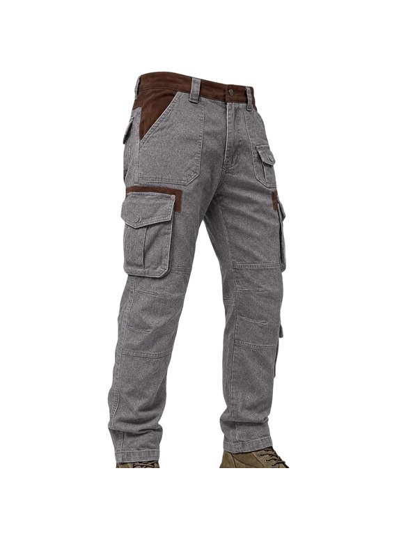 Mens Vintage Washed Cargo Pants Multi Pocket Work Trousers Straight Leg Utility Pants Mid Rise Casual Outdoor Wear Black 3XL