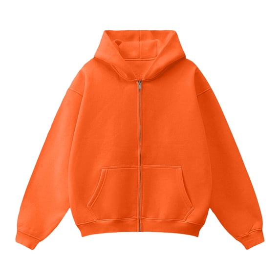 Delconic Mens Winter Casual Full Zip Hooded Sweatshirt Jacket Long Sleeve Relaxed Fit Drawstring Hoodie Sweatshirt Outerwear Orange L
