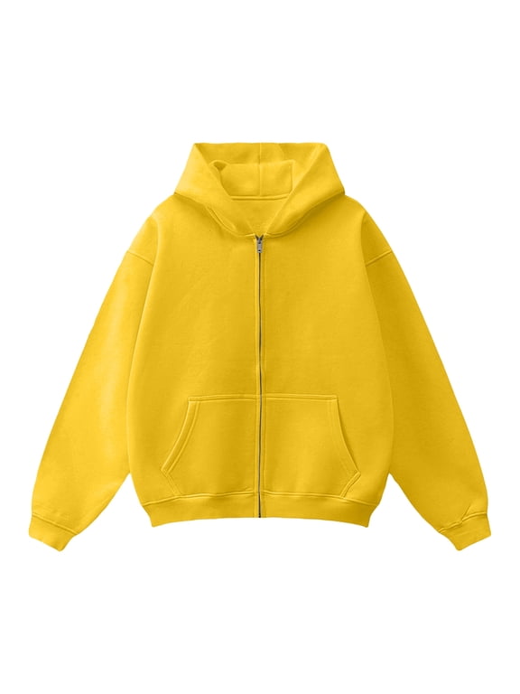 Mens Winter Casual Full Zip Hooded Sweatshirt Jacket Long Sleeve Relaxed Fit Drawstring Hoodie Sweatshirt Outerwear Yellow XL