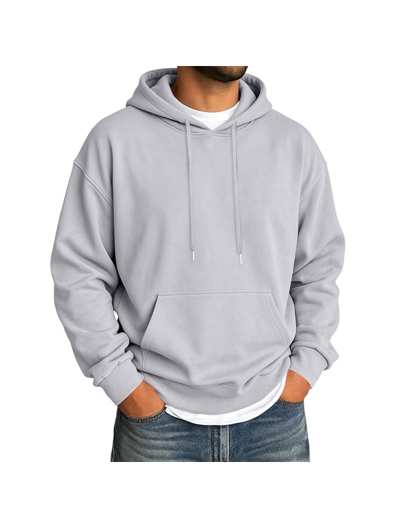 Mens Winter Casual Pullover Hoodie Long Sleeve Relaxed Fit Drawstring Hood Kangaroo Pocket Ribbed Cuffs Sweatshirt Light Gray M