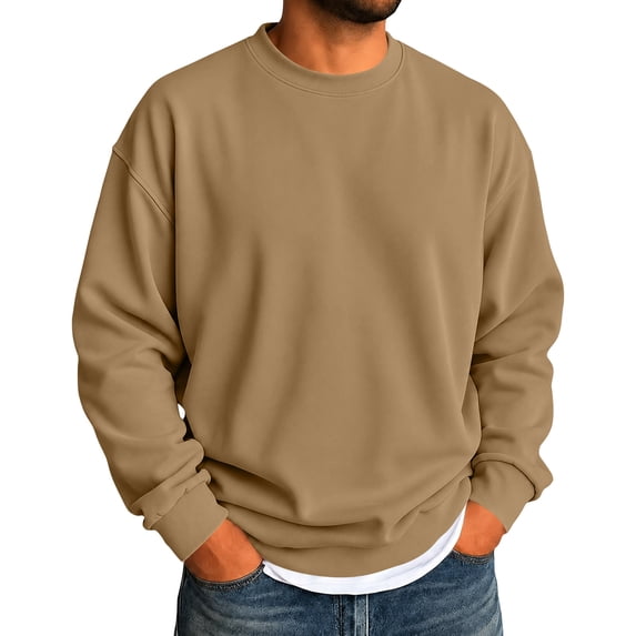 Delconic Mens Winter Fleece Crewneck Sweatshirt Long Sleeve Pullover Casual Loose Fit Ribbed Cuffs and Hem Basic Warm Top Coffee 3XL