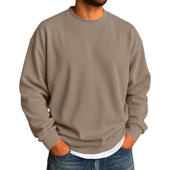 Delconic Mens Winter Fleece Crewneck Sweatshirt Long Sleeve Pullover Casual Loose Fit Ribbed Cuffs and Hem Basic Warm Top Khaki 3XL