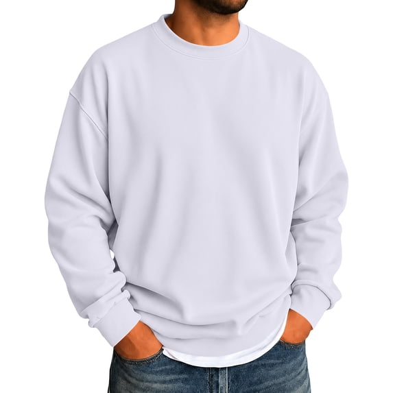 Delconic Mens Winter Fleece Crewneck Sweatshirt Long Sleeve Pullover Casual Loose Fit Ribbed Cuffs and Hem Basic Warm Top White L