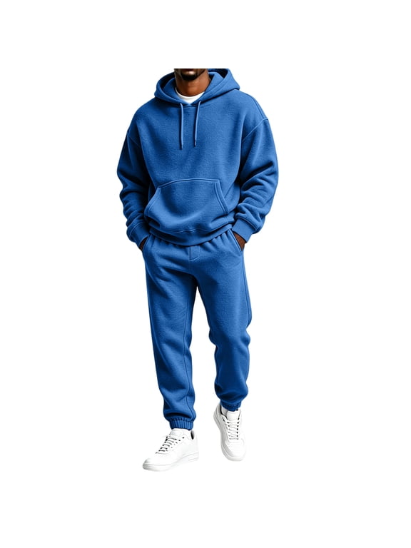 Mens Womens Fleece Hoodie and Jogger Set Pullover Hooded Sweatshirt Elastic Cuff Sweatpants Two Piece Outfit Royal Blue M