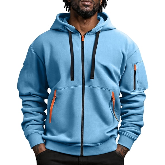 Delconic Mens Zip Up Hoodie Jacket Long Sleeve Drawstring Hood Sweatshirt with Multiple Zipper Pockets Casual Active Outerwear Light Blue XL