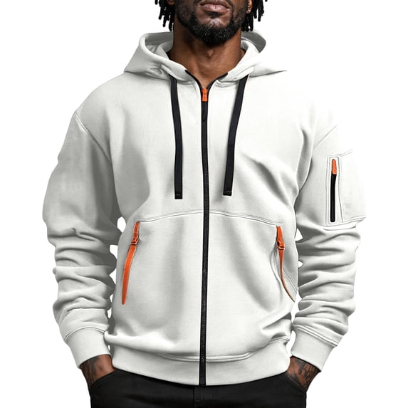 Delconic Mens Zip Up Hoodie Jacket Long Sleeve Drawstring Hood Sweatshirt with Multiple Zipper Pockets Casual Active Outerwear Light Gray 2XL