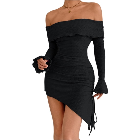 Delconic Off Shoulder Long Sleeve Bodycon Mini Dress for Women Asymmetrical Hem Ruched Textured Fabric Fitted Party Wear Black L