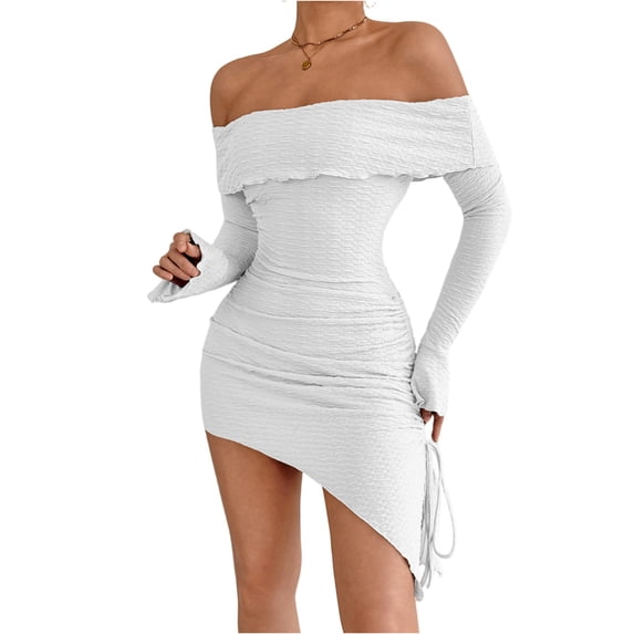 Delconic Off Shoulder Long Sleeve Bodycon Mini Dress for Women Asymmetrical Hem Ruched Textured Fabric Fitted Party Wear White XS