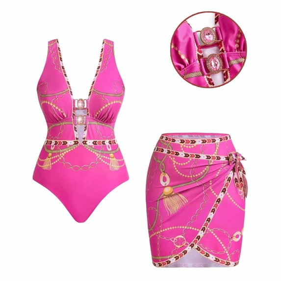 Delconic One Piece Swimsuit Set with Deep V Neck Decorative Buckle and Printed Wrap Skirt for Women Beachwear Swimwear