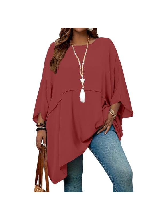 Womens Three Quarter Sleeve Blouse Casual Work Tunic Top Loose Fit Asymmetrical Hem Layered Pullover Office Shirt Wine 3XL