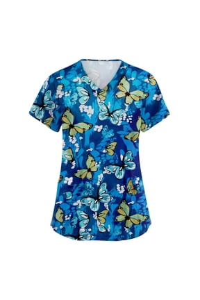 Printed Scrub Tops Women Short Sleeve V Neck Plus Size Scrubs for Womens Nursing Uniforms Shirts with Pockets Cyan 3XL