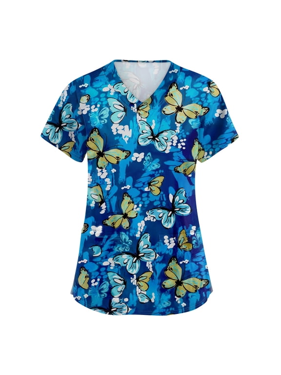 Printed Scrub Tops Women Short Sleeve V Neck Plus Size Scrubs for Womens Nursing Uniforms Shirts with Pockets Cyan 3XL