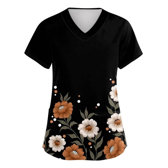Delconic Scrub Tops Women Short Sleeve Plus Size V-Neck Fun Printed Scrubs Top Medical Nursing Uniforms with Pockets Black L