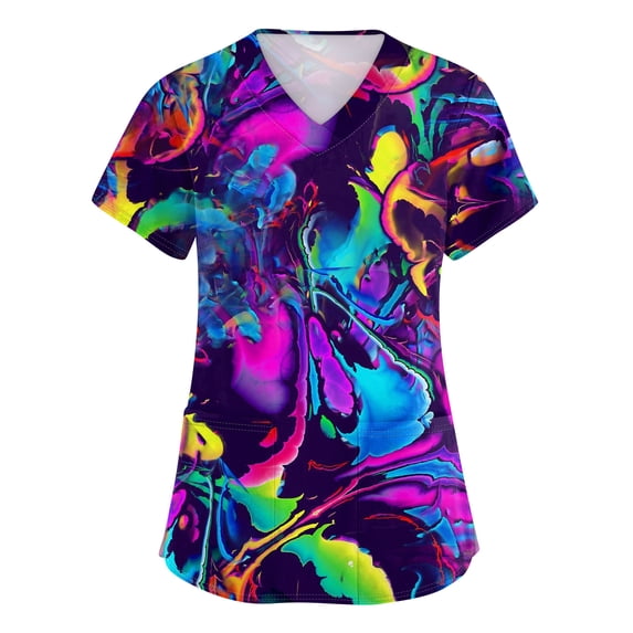 Delconic Scrub Tops Women Short Sleeve Plus Size V-Neck Fun Printed Scrubs Top Medical Nursing Uniforms with Pockets Light Blue L