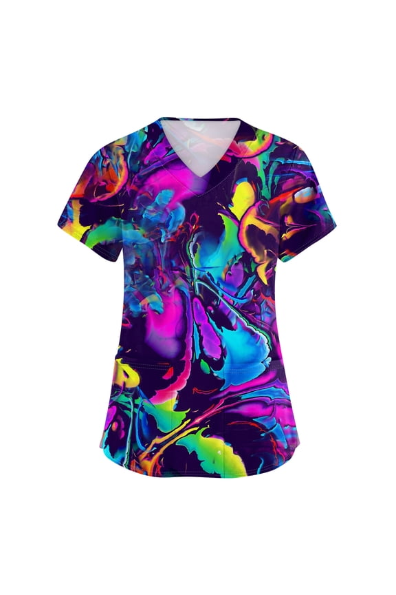 Scrub Tops Women Short Sleeve Plus Size V-Neck Fun Printed Scrubs Top Medical Nursing Uniforms with Pockets Light Blue XL