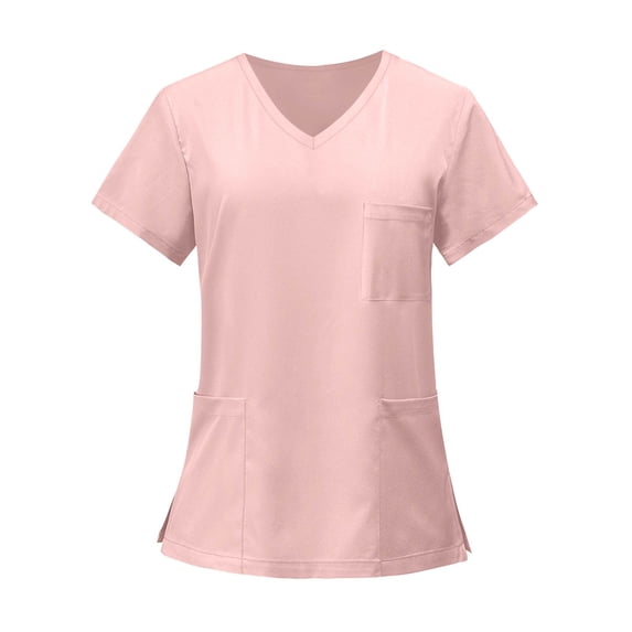 Delconic Scrub Tops for Women Plus Size Stretchy V-Neck Scrub Shirts with 3 Pockets Breathable Short Sleeve Nurse Uniforms Pink S