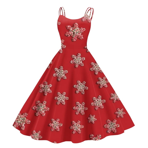 Delconic Sleeveless A-Line Dress with Christmas Gnome Print Double Spaghetti Straps Festive Gift and Floral Pattern Holiday Design Vermilion L