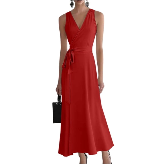 Delconic Sleeveless V Neck Wrap Dress for Women with Adjustable Waist Tie and Flared Hem Suitable for Daily Wear and Events Red L