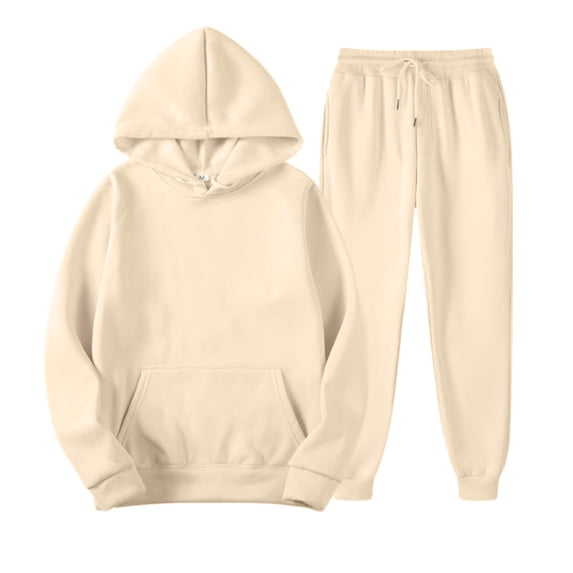 Delconic Unisex Winter Fleece Lined Hoodie and Jogger Set Loose Fit Pullover Hooded Sweatshirt Drawstring Sweatpants Set Beige L