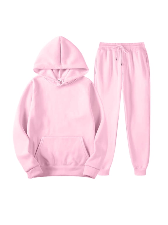 Unisex Winter Fleece Lined Hoodie and Jogger Set Loose Fit Pullover Hooded Sweatshirt Drawstring Waist Sweatpants Pink 4XL