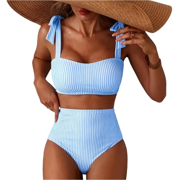 Delconic Women High Waist Bikini Set with Adjustable Shoulder Straps and Vertical Stripe Pattern Two Piece Swimsuit for Beach Pool