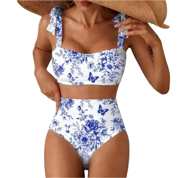 Delconic Women High Waist Bikini Set with Adjustable Shoulder Straps and Vertical Stripe Pattern Two Piece Swimsuit for Beach Pool