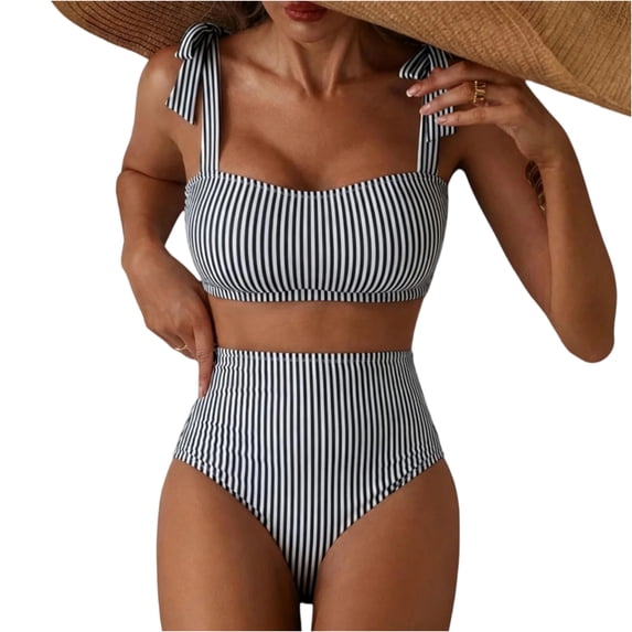 Delconic Women High Waist Bikini Set with Adjustable Shoulder Straps and Vertical Stripe Pattern Two Piece Swimsuit for Beach Pool