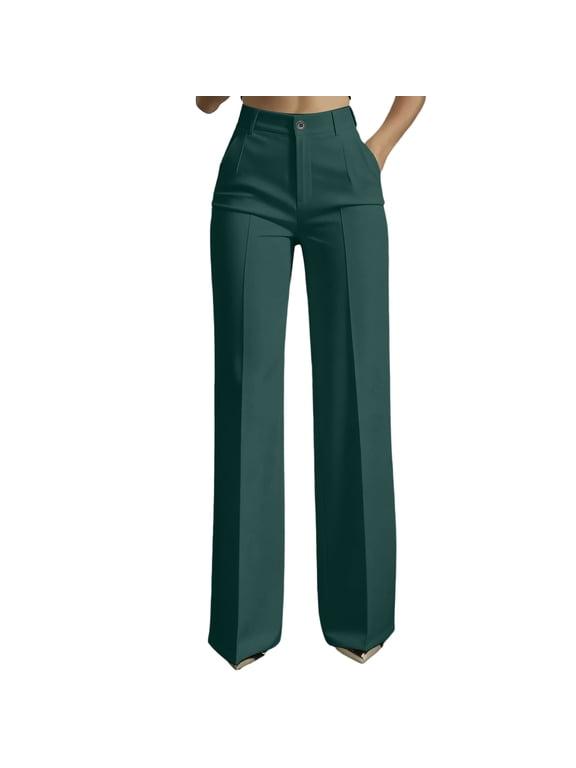 Women High Waist Straight Leg Suit Trousers with Draped Effect Classic Tailored Long Pants Office Wear for Ladies Dark Green S