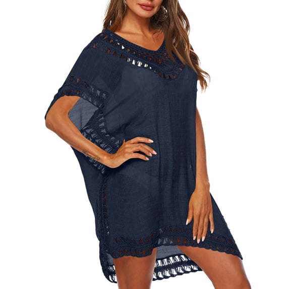 Delconic Women Loose Fit Crochet Trim Beach Cover Up Tunic Lightweight Short Sleeve Swimwear Dress for Summer Poolside Vacation Navy One Size