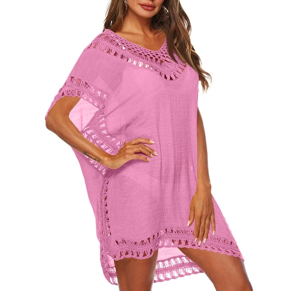 Delconic Women Loose Fit Crochet Trim Beach Cover Up Tunic Lightweight Short Sleeve Swimwear Dress for Summer Poolside Vacation Pink One Size