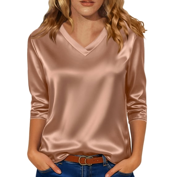 Delconic Women Silk Satin Tops Cap 3/4 Sleeve Blouse V Neck Shirts Business Casual Outfits Khaki S