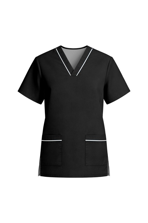 Women Stretch V Neck Short Sleeve Workwear Top with Pockets Quick Dry Fabric for Healthcare Hospitality Uniforms Black XL