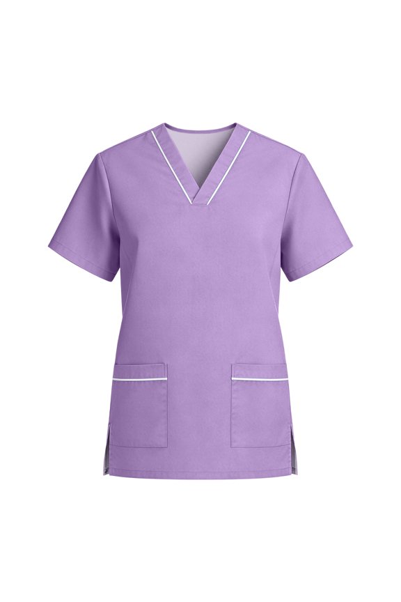 Women Stretch V Neck Short Sleeve Workwear Top with Pockets Quick Dry Fabric for Healthcare Hospitality Uniforms Purple XL