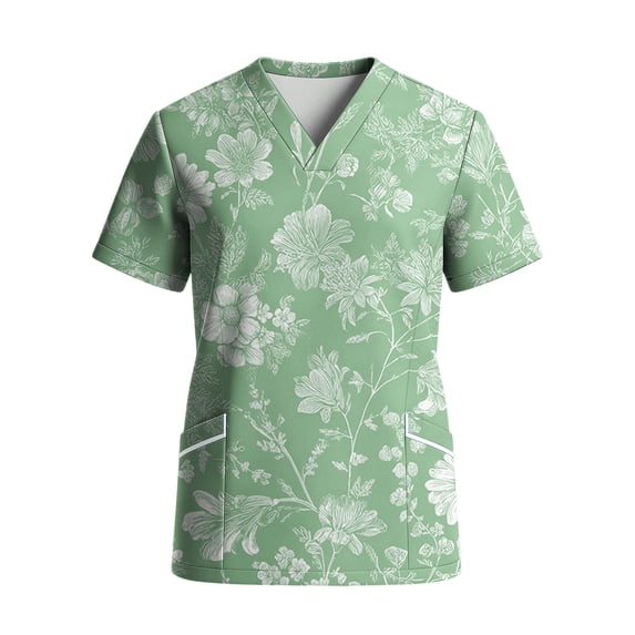 Delconic Women Stretchy Quick Dry V Neck Pocket Short Sleeve Scrub Top with Botanical Floral Print for Medical Healthcare Workwear Green L