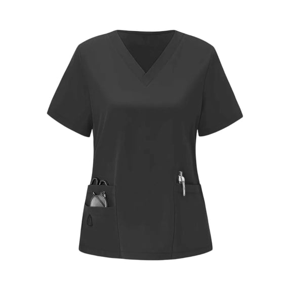 Delconic Women V Neck Short Sleeve Scrub Top with Pockets Stretch Quick Dry Fabric Professional Workwear Uniform Shirt Black L