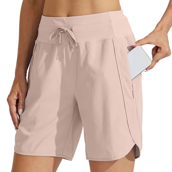Delconic Women's 7" Athletic Running Long Shorts Workout Hiking Shorts Quick Dry High Waisted Active Zipper Pocket Pink S