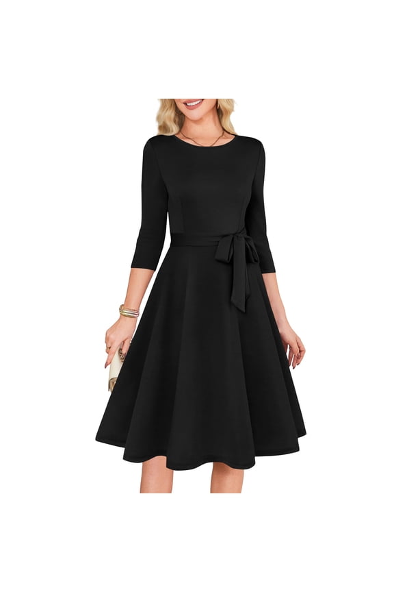 Women’s A-Line Midi Dress with 3/4 Sleeves and Waist Tie Elegant Crew Neck Fit Flared Skirt Design for Daily Wear Black L