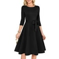 thumbnail image 1 of Delconic Women’s A-Line Midi Dress with 3/4 Sleeves and Waist Tie Elegant Crew Neck Fit Flared Skirt Design for Daily Wear Black M, 1 of 5