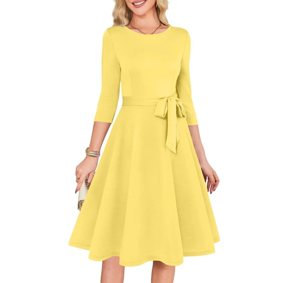 Delconic Women’s A-Line Midi Dress with 3/4 Sleeves and Waist Tie Elegant Crew Neck Fit Flared Skirt Design for Daily Wear Yellow L