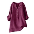 thumbnail image 1 of Delconic Women's Casual Loose Fit Linen Blouse, Button-Down V Neck Long Sleeve Shirt, Lightweight Breathable Top for Everyday Wear Wine S, 1 of 5