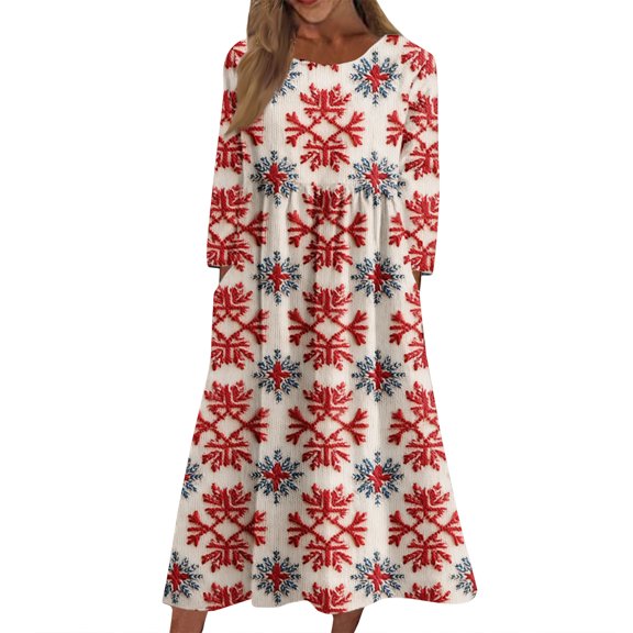Delconic Women's Casual Round Neck Christmas Print Midi Dress Long Sleeve Pocket Dress Red D M