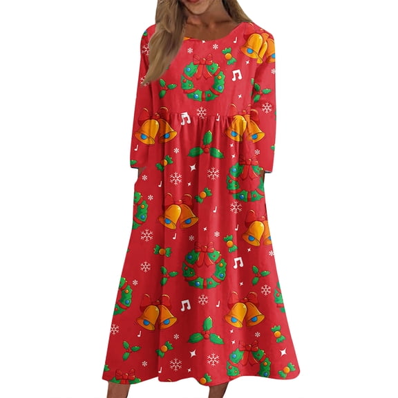 Delconic Women's Casual Round Neck Christmas Print Midi Dress Long Sleeve Pocket Dress Red Z S