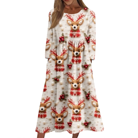Delconic Women's Casual Round Neck Christmas Print Midi Dress Long Sleeve Pocket Dress White C L