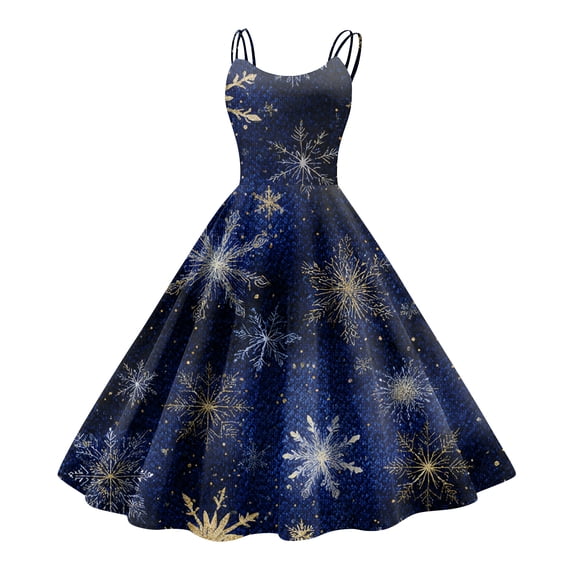 Delconic Women's Christmas Print Casual Fashion Round Neck Mid-Length Dress Dark Blue E XL