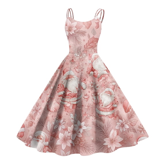 Delconic Women's Christmas Print Casual Fashion Round Neck Mid-Length Dress Purple Pink K S