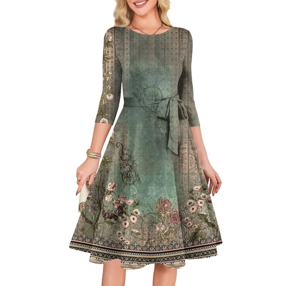 Delconic Women's Cocktail Dresses 3/4 Sleeve Vintage Wedding Guest Dress Army Green H 2XL