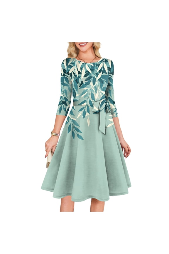 Women's Cocktail Dresses 3/4 Sleeve Vintage Wedding Guest Dress Green E 2XL