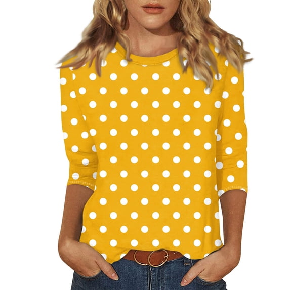 Delconic Women’s Crew Neck Polka Dot Print Long Sleeve Casual Loose Fit Top for Daily Wear and Comfortable Outfits Yellow 2XL